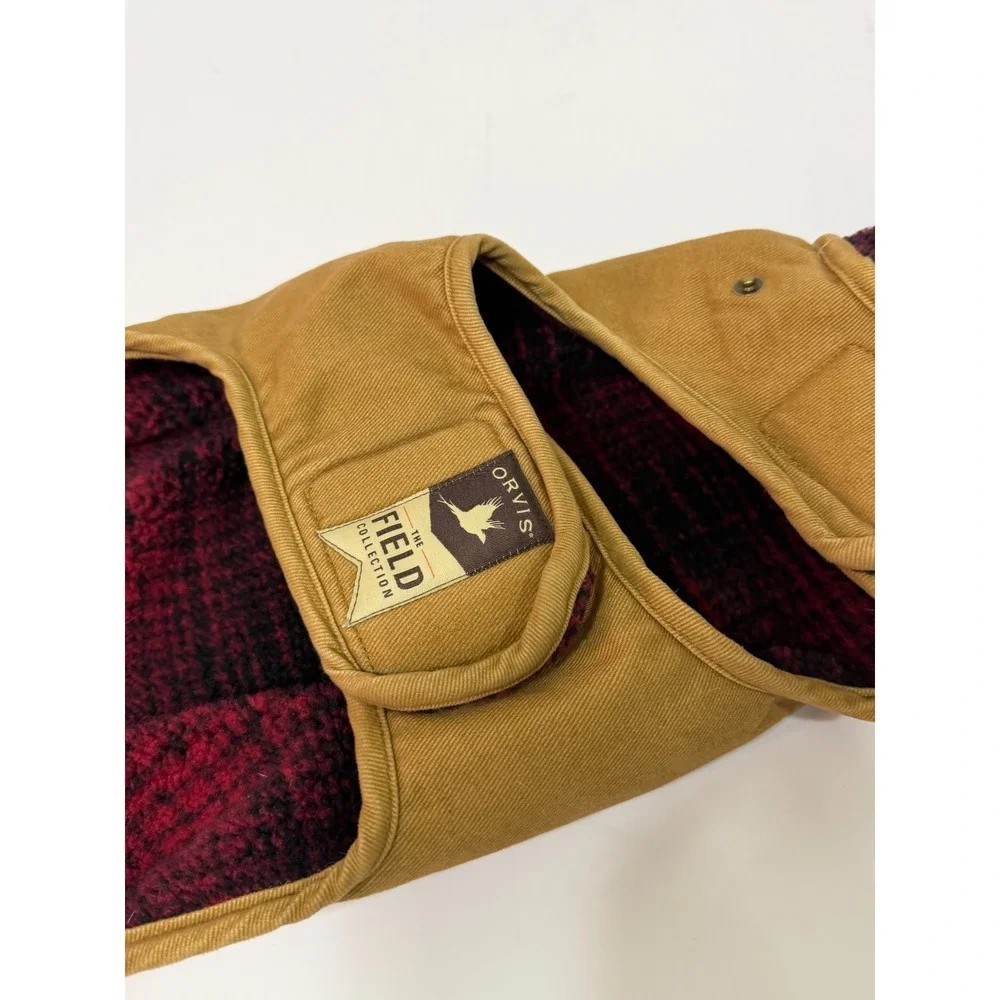Orvis The Field Collection Dog Jacket M Tan Red Plaid Fleece Lined Cotton Canvas